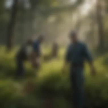 A group of conservationists working in a field to remove invasive plants