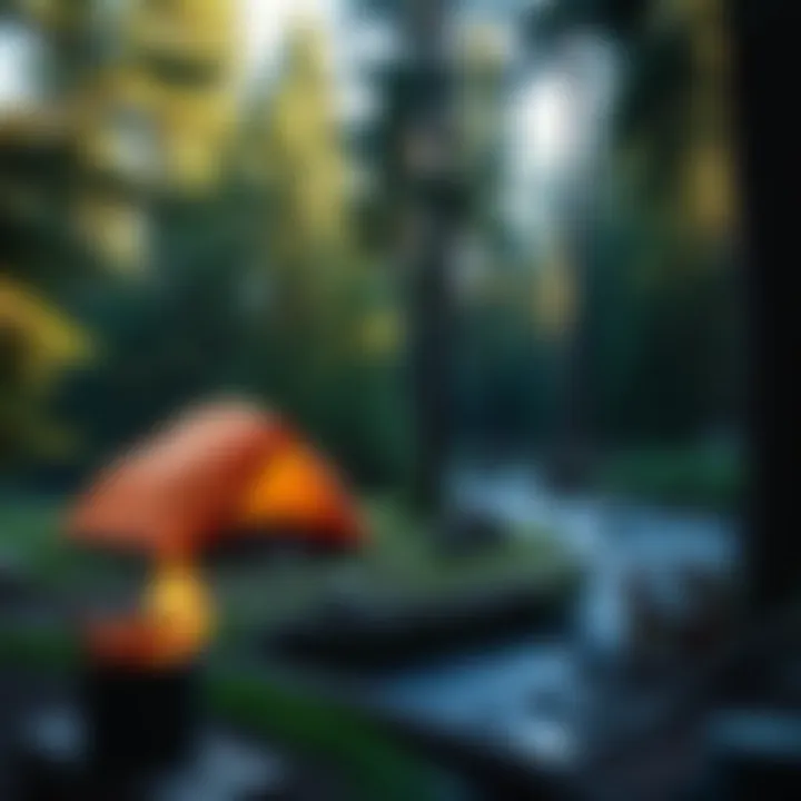 A peaceful campsite set against a backdrop of towering pines and a sparkling creek