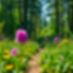 Scenic view of a Minnesota forest trail surrounded by lush greenery and vibrant wildflowers