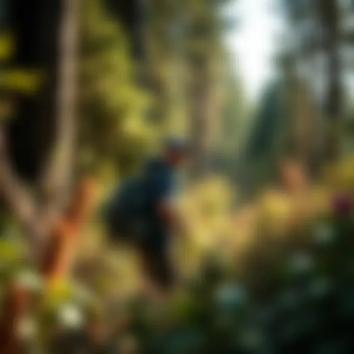 Backpacker navigating through a pristine wilderness area showcasing diverse flora and fauna