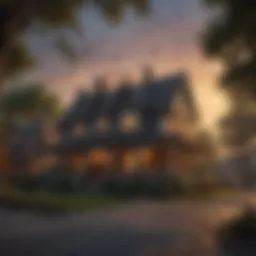 A serene image of bats flying at dusk over a tranquil residential neighborhood.