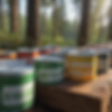 Close-up of eco-friendly paint containers for forestry