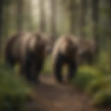 Grizzly bears foraging in a lush green forest