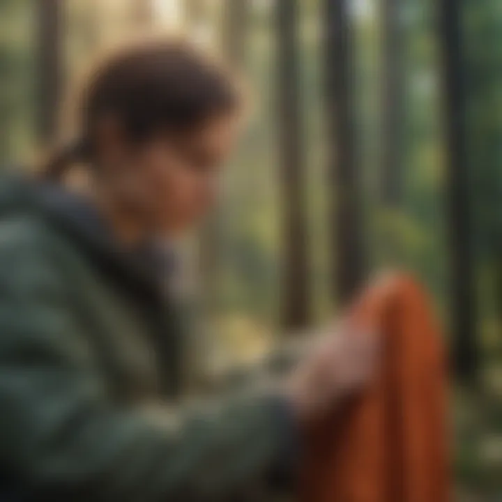 Close-up of a person inspecting clothing for ticks