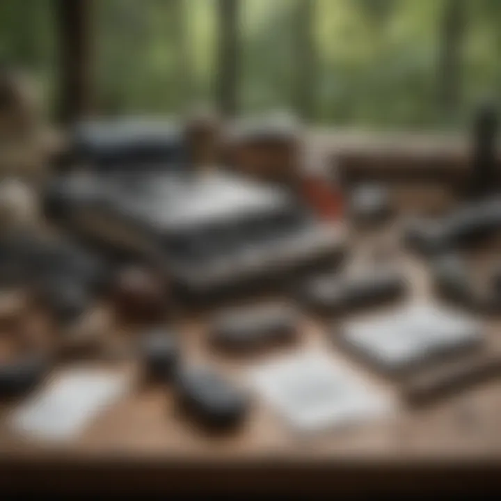 An array of bird call identification tools laid out on a wooden table