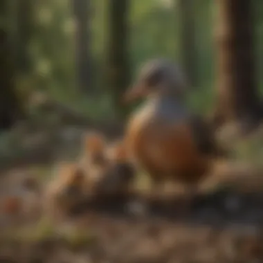 A ground nesting bird caring for its chicks