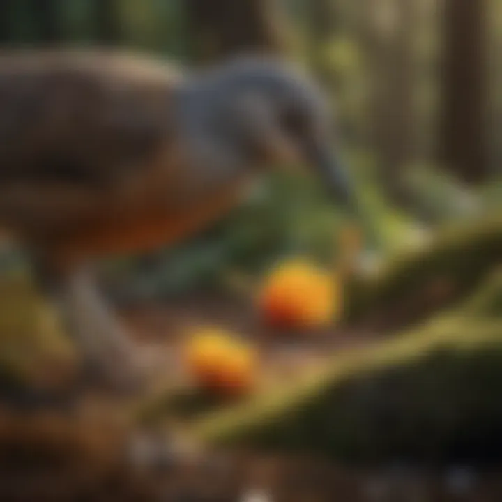 A close-up of a bird foraging for food