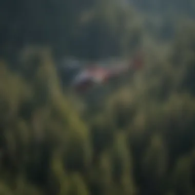 Helicopter performing an ecological survey over a dense forest