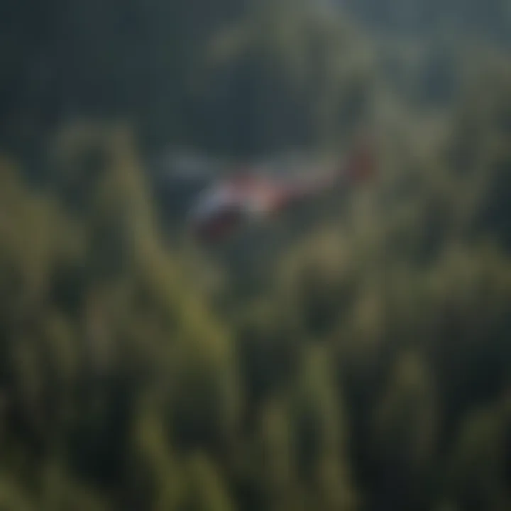 Helicopter performing an ecological survey over a dense forest