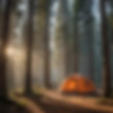 Campsite surrounded by towering pine trees