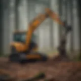 Forestry mulcher attachment on excavator working in woodland