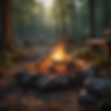 Campfire setting at dusk with glowing lights