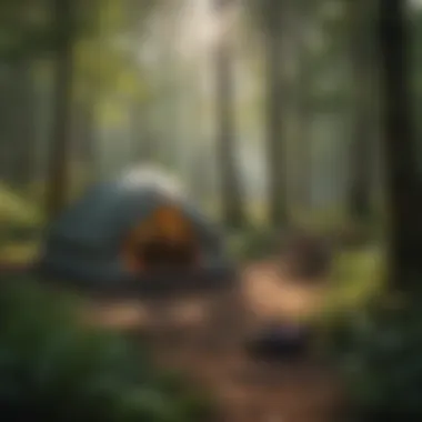 Campsite with a tent surrounded by lush greenery