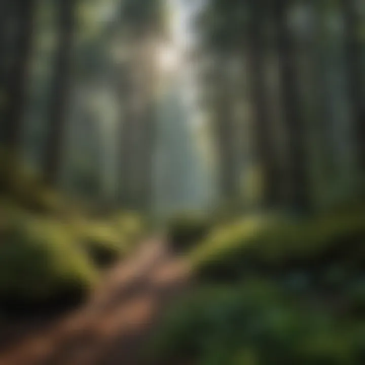 A lush forest landscape featuring Tsuga caroliniana among other tree species