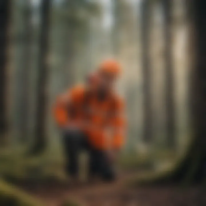 Forestry worker assessing risks in a dense forest area