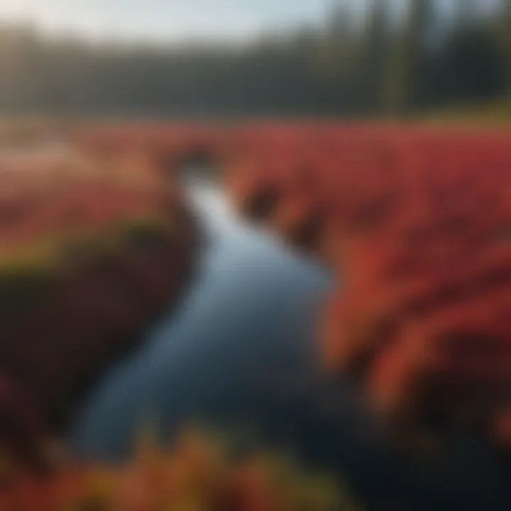 Cranberry bogs surrounded by lush greenery and water sources