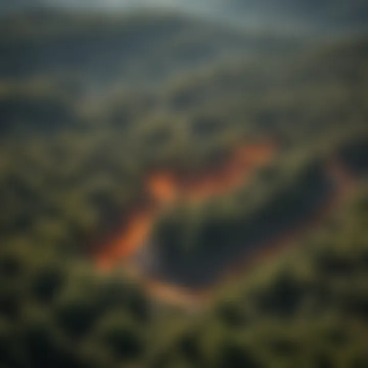 Aerial view of a forest landscape showing varied vegetation and fire break lines