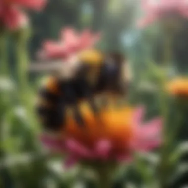 Close-up of a bumblebee collecting nectar from a colorful flower in a pollinator garden