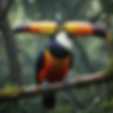 A vibrant toucan perched on a branch showcasing its colorful beak and feathers