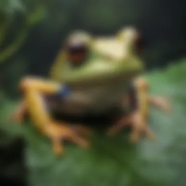 A tree frog clinging to a leaf, displaying its bright colors and intricate skin textures