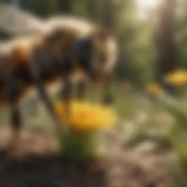 Close-up of a burrowing bee pollinating a flower