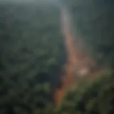 Aerial view of a deforested area highlighting the stark contrast between cleared land and remaining forest.