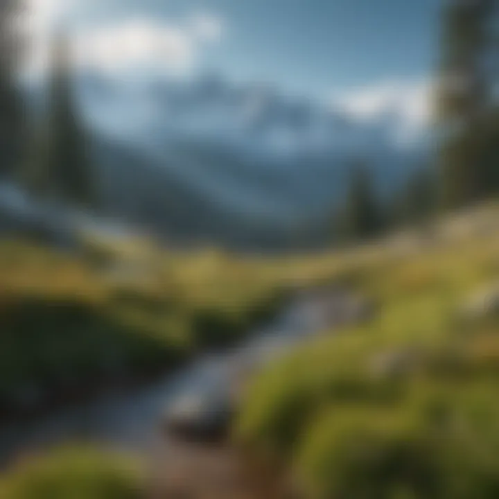 A panoramic view of an alpine meadow with snow-capped mountains in the background.