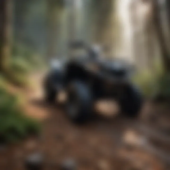 Close-up of an ATV navigating rocky terrain