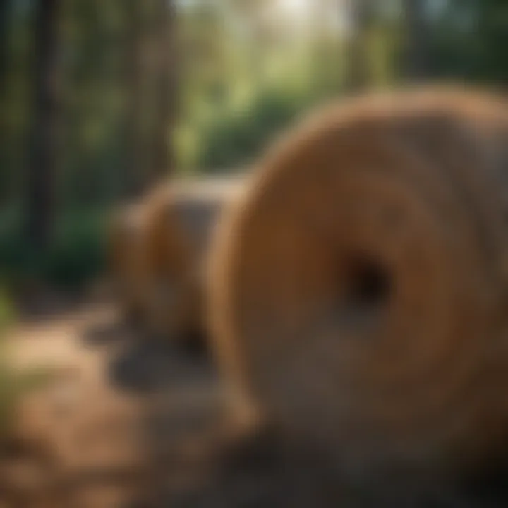 Close-up of pine needle straw bales in a garden setting