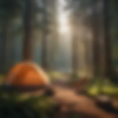 A cozy campsite featuring a tent set against a backdrop of lush forests