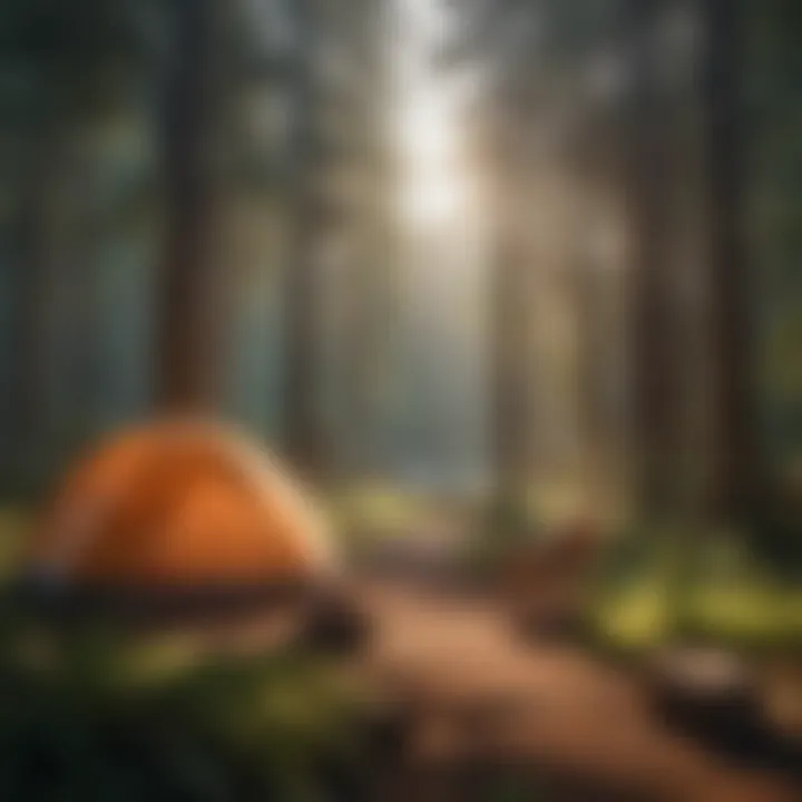 A cozy campsite featuring a tent set against a backdrop of lush forests