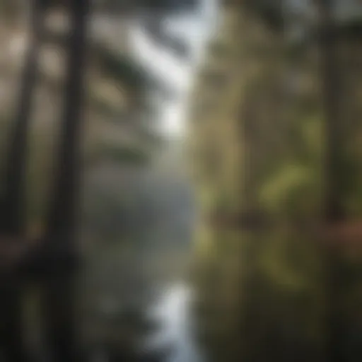 A serene lake surrounded by pine trees in a Tallahassee campground