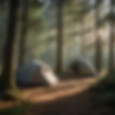 Campers setting up tents in a lush green campsite