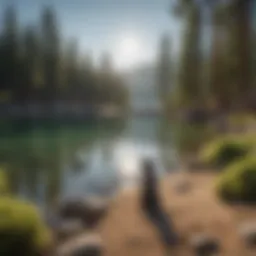 A scenic view of Lake Tahoe with a dog playing by the shore