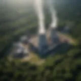 An aerial view of a small scale biomass power plant surrounded by lush greenery