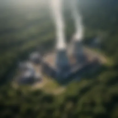 An aerial view of a small scale biomass power plant surrounded by lush greenery