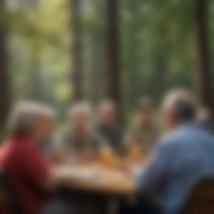 Senior citizens in a community meeting discussing civic engagement through federal jobs.