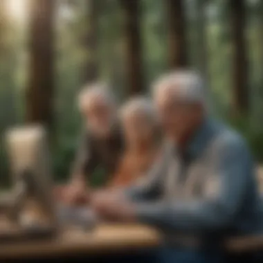 A diverse group of senior citizens reviewing job listings on a computer.