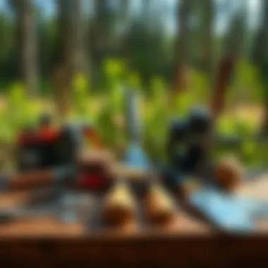 Tools and equipment essential for forestry work displayed on a wooden table