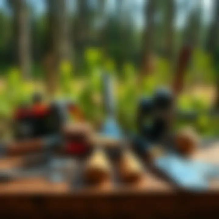 Tools and equipment essential for forestry work displayed on a wooden table