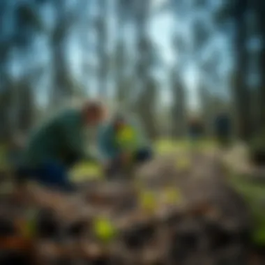 A group engaged in a volunteer tree-planting initiative in a woodland area