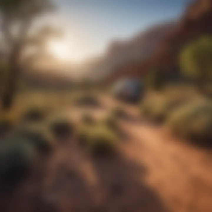 A panoramic view of a boondocking location with desert flora