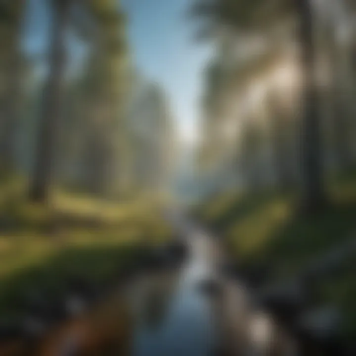 A panoramic landscape view capturing the vastness of the Headwaters Forest Reserve under a clear blue sky