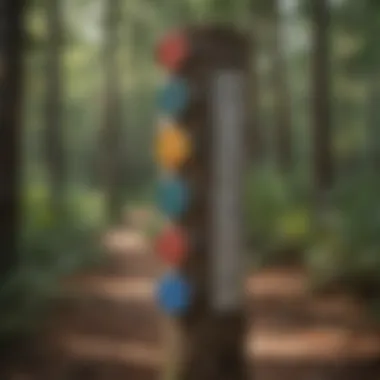 Close-up of trail markers indicating different hiking paths