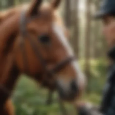 A close-up of a rider connecting with their horse outdoors