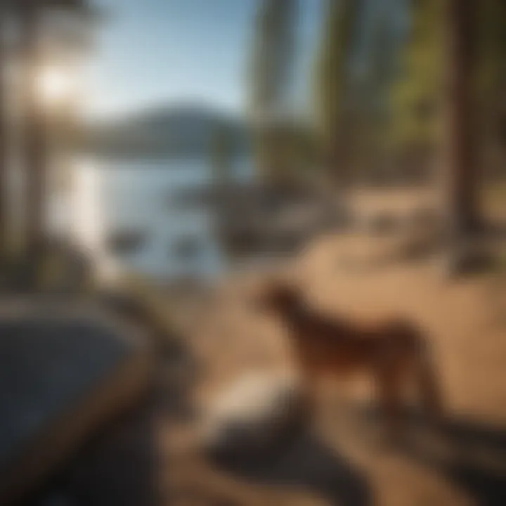 Scenic view of Lake Tahoe with dog playing in the foreground