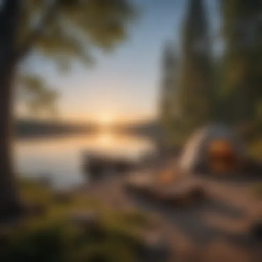 Tranquil lakeshore campsite with a sunset view