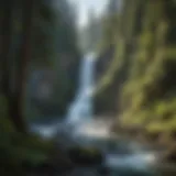 A breathtaking view of Lewis River Falls cascading down the rocky cliffs and surrounded by lush greenery.