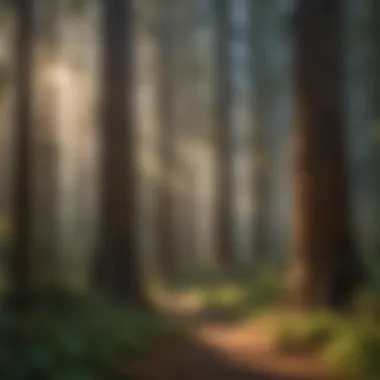 Sunlit Redwoods: Nature's Cathedral A serene Redwood forest with sunlight filtering through the branches
