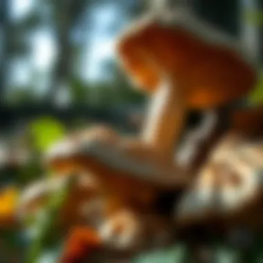A close-up view of matsutake mushrooms, showcasing their distinctive texture and features